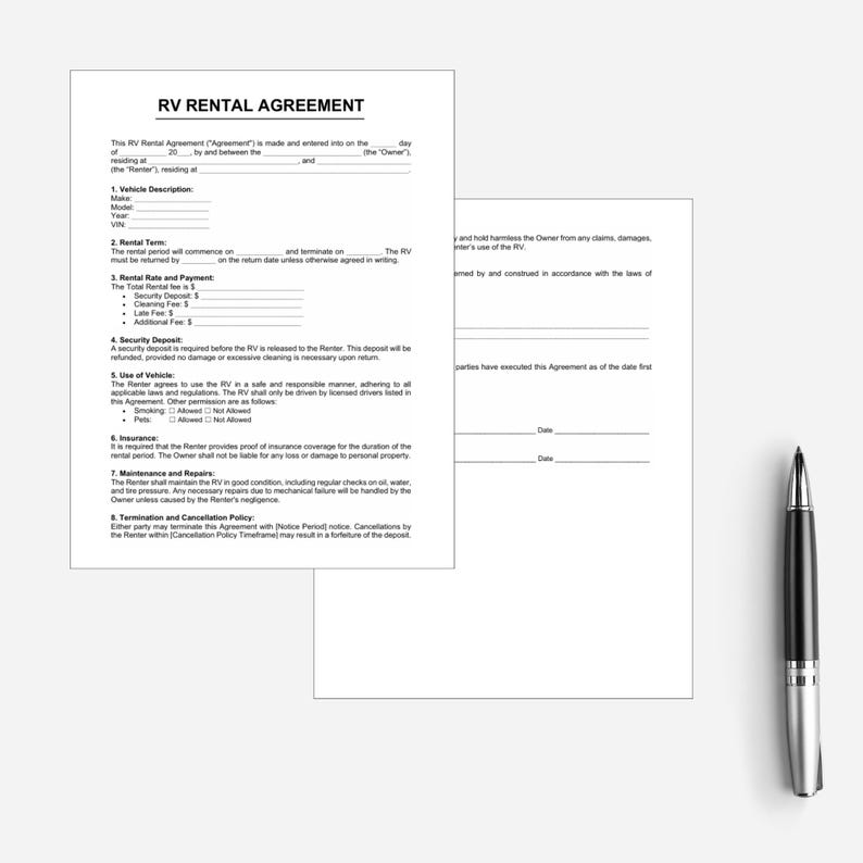 Personal Rv Rental Form RV Rental Agreement, RV Rental Contract, Motorhome Contract, Trailer ...