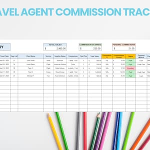 May include: A spreadsheet titled "Travel Agent Commission Tracker" with a yellow and blue header. The spreadsheet is divided into columns with headings such as "Booking ID", "Booking Date", "Travel Dates", "Days Left", "Client Name", "Service", "Supplier Name", "Compositions", "Total Price", "Total Sales", "Commission %", "Commission Earned", "Status", "Payment Method", "Payment Date", and "Notes". The spreadsheet contains data for the month of January.