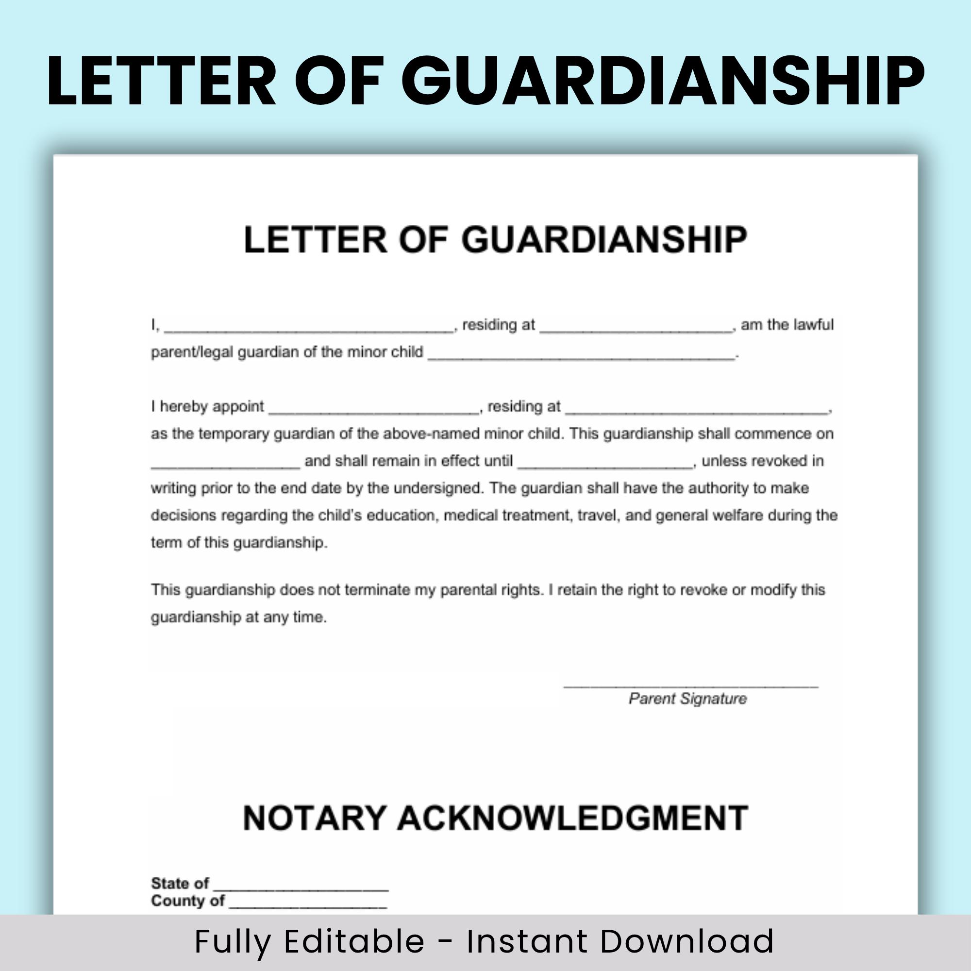Letter of Guardianship,  Child Care Agreement, Temporary Guardianship, Guardianship, Parent Child Agreement, Notary Letter, Child Custody