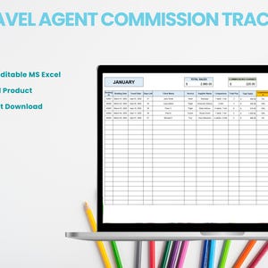 May include: A laptop computer screen displaying a spreadsheet titled "Travel Agent Commission Tracker" with columns for booking date, client name, service, supplier name, commission, total price, and payment method. The spreadsheet is for the month of January and shows a total sales amount of $2,000.00, total commissions earned of $220.00, and pending commissions of $21.00.