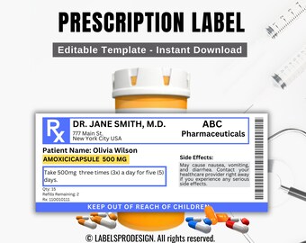 Prescription Label Template, Editable Medicine Label, Pill Bottle Label, Prescription Bottle Label, Canva