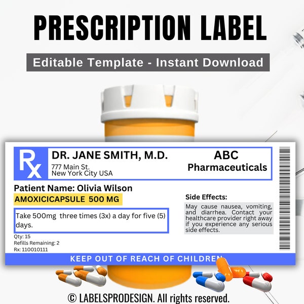 Prescription Label Template, Editable Medicine Label, Pill Bottle Label, Prescription Bottle Label, Canva