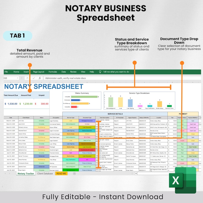 Notary Business Spreadsheet, Notary Spreadsheet, Loan Signing, Notary ...