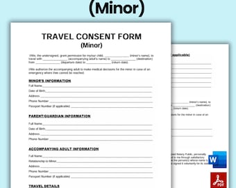 Travel Consent Form For Minors, Parental Consent For Minor Travel, Minor Travel Authorization Form, Child Travel Permission