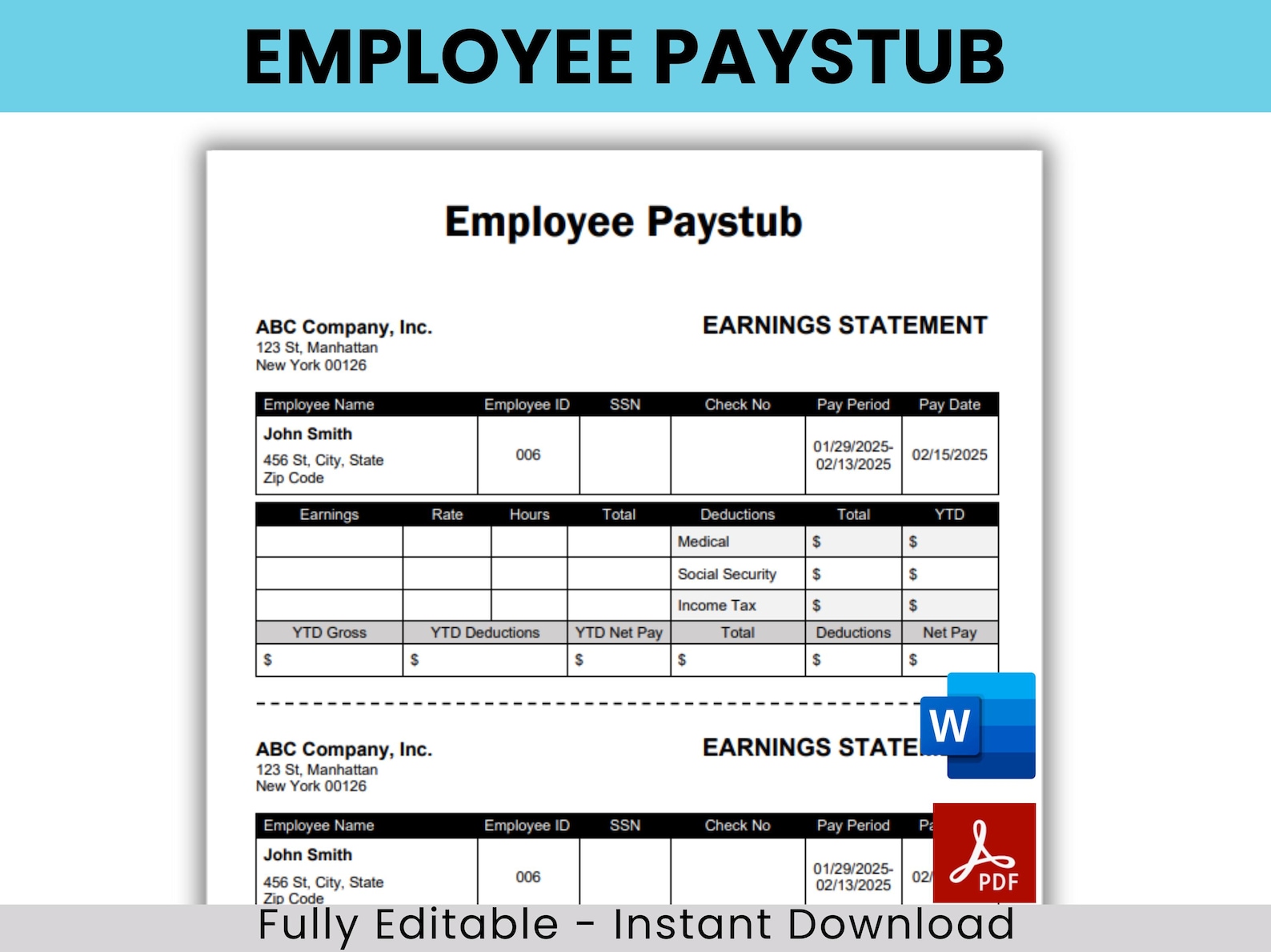 Employee Pay Stub, Editable Pay Stub Template, Paycheck Stub, Employee ...