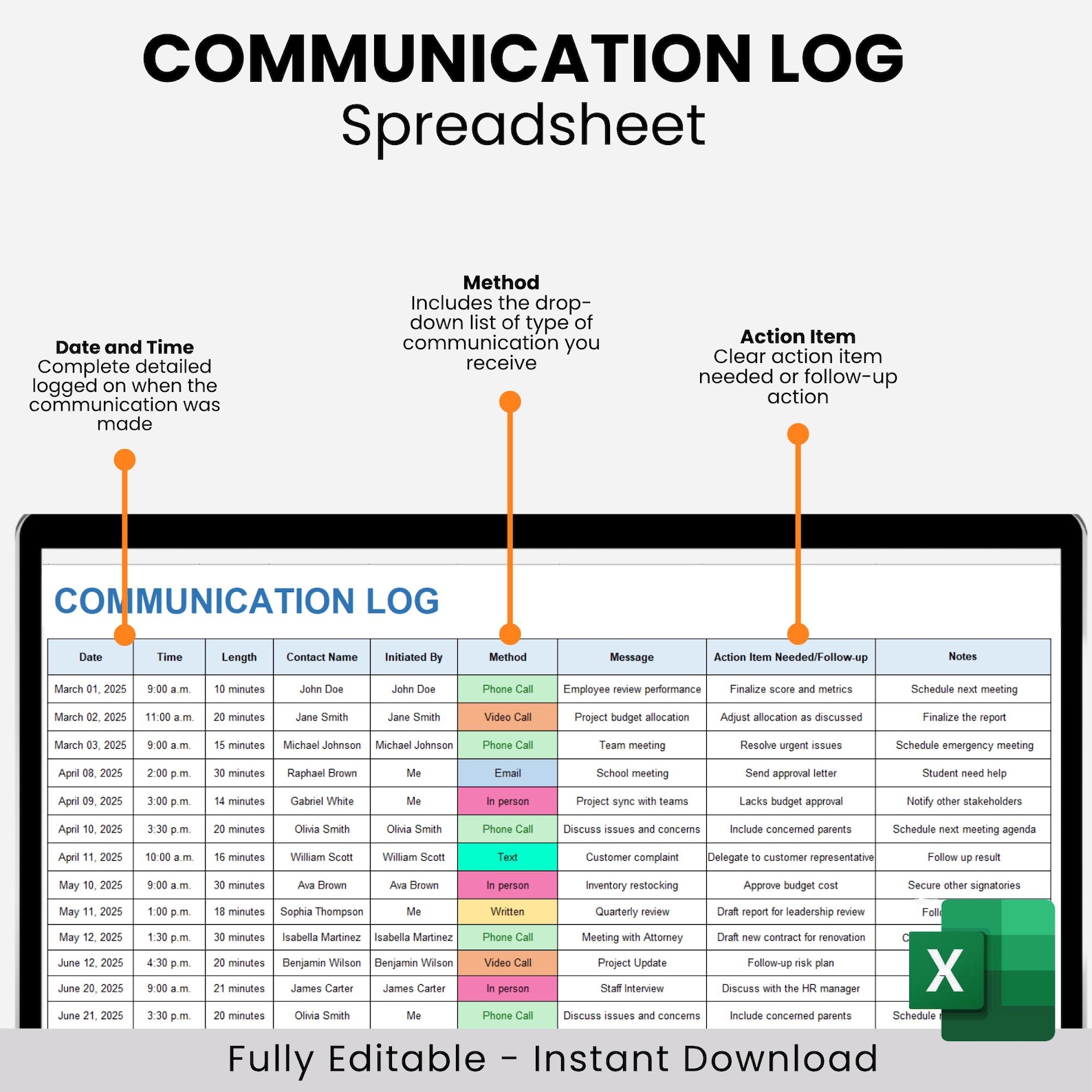 Communication Log Excel, Communication Log Template, Phone Log, Call ...
