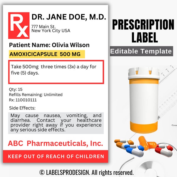 Prescription Label Template, Editable Medicine Label, Pill Bottle Label, Prescription Bottle Label, Canva