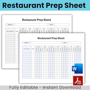 Restaurant Prep Sheet, Restaurant Inventory, Restaurant Food Checklist, Food Prep Sheet, Restaurant Checklist, Kitchen Checklist