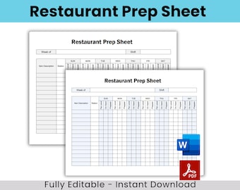 Foglio di preparazione del ristorante, inventario del ristorante, lista di controllo del cibo del ristorante, foglio di preparazione del cibo, lista di controllo del ristorante, lista di controllo della cucina