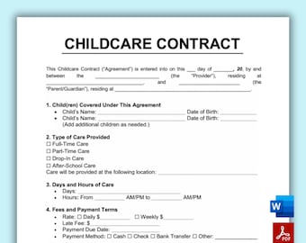 Może przedstawiać: Biały szablon umowy o opiekę nad dzieckiem z tytułem "CHILDCARE CONTRACT" pogrubionymi czarnymi literami. Dokument zawiera sekcje dotyczące informacji o dziecku, rodzaju opieki, godzinach, opłatach i świętach. Tekst "W pełni edytowalny - Natychmiastowe pobieranie" znajduje się na dole.