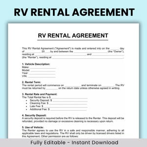 RV Rental Agreement, RV Rental Contract, Motorhome Contract,  Trailer Rental Form, RV Lease, Motorhome Lease, Camper Trailer Rental