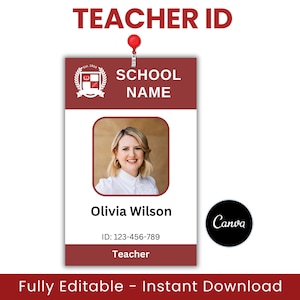 Plantilla de tarjeta de identificación de profesor, plantilla de identificación editable, tarjeta de identificación personalizada para profesor, tarjeta de identificación de estudiante, tarjeta de educación en casa