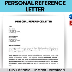 Plantilla de carta de recomendación personal, carta de recomendación, carta de recomendación editable, MS WORD, PDF