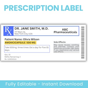 Modelo de rótulo de receita, rótulo de medicamento editável, rótulo de frasco de comprimidos, rótulo de frasco de receita, Canva