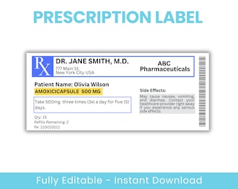 Prescription Label Template, Editable Medicine Label, Pill Bottle Label, Prescription Bottle Label, Canva