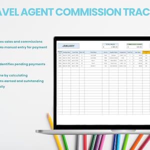 May include: A laptop computer screen displaying a spreadsheet titled "Travel Agent Commission Tracker". The spreadsheet is organized into columns with headings such as "Booking Date", "Client Name", "Service", "Supplier Name", "Commissions", "Total Sales", "Commissions Earned", and "Pending Commissions". The spreadsheet is filled with data, including dates, names, and numbers. The spreadsheet is a tool for tracking sales and commissions for travel agents.