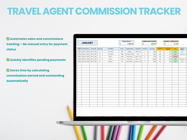 May include: A laptop computer screen displaying a spreadsheet titled "Travel Agent Commission Tracker". The spreadsheet is organized into columns with headings such as "Booking Date", "Client Name", "Service", "Supplier Name", "Commissions", "Total Sales", "Commissions Earned", and "Pending Commissions". The spreadsheet is filled with data, including dates, names, and numbers. The spreadsheet is a tool for tracking sales and commissions for travel agents.