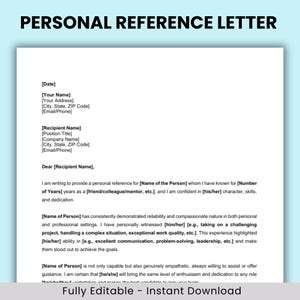 Personal Reference Letter Template, Letter of Recommendation, Character Reference Letter, Editable Recommendation Letter, MS WORD, PDF