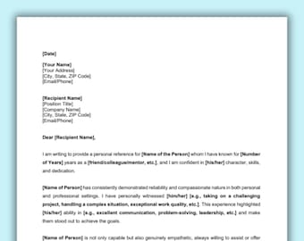 Personal Reference Letter Template, Letter of Recommendation, Character Reference Letter, Editable Recommendation Letter, MS WORD, PDF