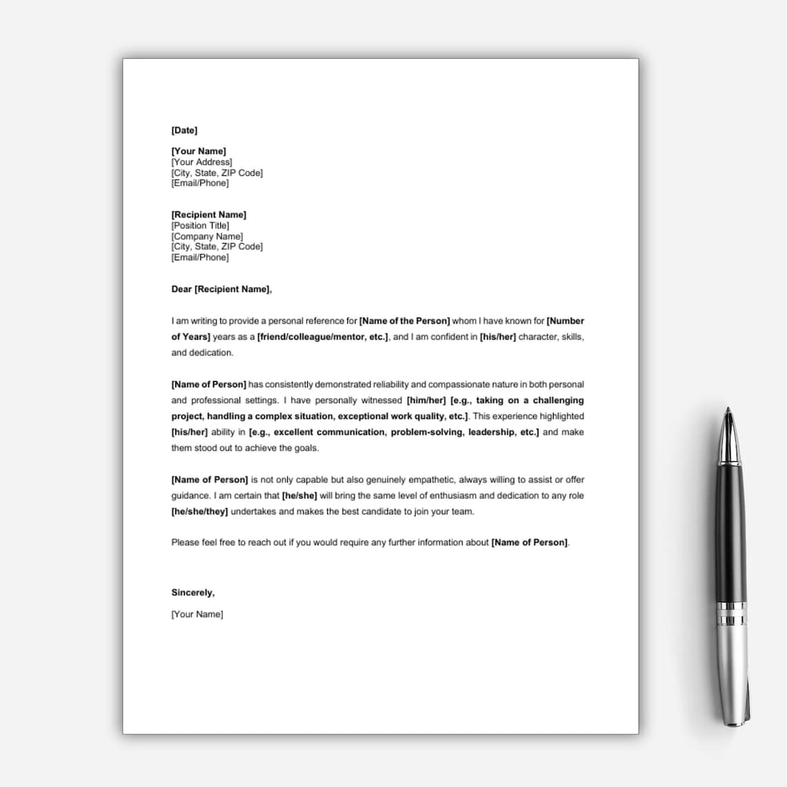 Personal Reference Letter Template, Letter of Recommendation, Character ...