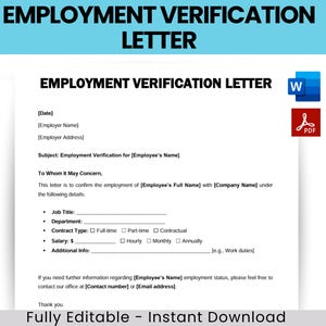 Employment Verification Letter Template, Job Verification Letter. Employee Verification letter, MS WORD, PDF, Instant download