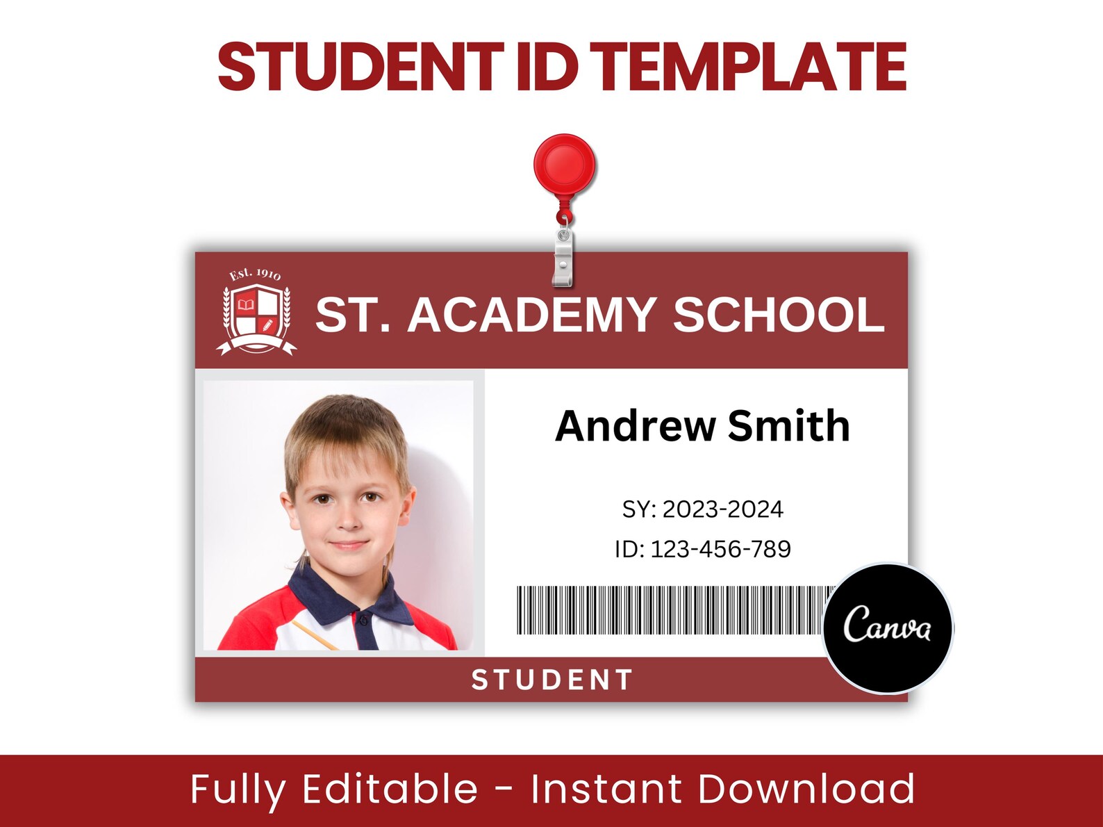 Student ID Card Template Editable School ID Homeschool Teacher Badge 
