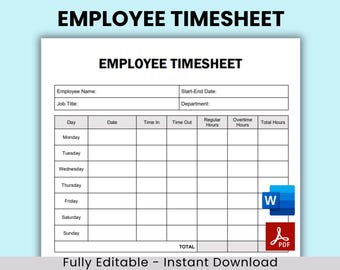 Könnte beinhalten: Eine schwarz-weiße druckbare Mitarbeiter-Zeiterfassungsvorlage mit dem Text "EMPLOYEE TIMESHEET" oben. Die Vorlage enthält Felder für Mitarbeitername, Berufsbezeichnung, Start- und Enddatum, Abteilung, Tag, Datum, Arbeitsbeginn, Arbeitsende, reguläre Arbeitszeit, Überstunden und Gesamtstunden. Die Vorlage enthält auch eine Summenzeile am Ende. Die Vorlage ist vollständig editierbar und kann als Word-Dokument oder PDF heruntergeladen werden.