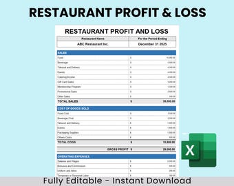 Restaurant Gewinn und Verlust Tabelle, Restaurant Gewinn und Verlust Excel, Restaurant Gewinn- und Verlustrechnung, Restaurant Income Tracker