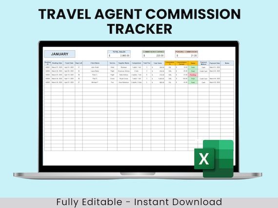Travel Agent Commission Tracker, Travel Agent Commission Tracking Excel, Travel Booking Commission, Travel Agent Sales Tracker