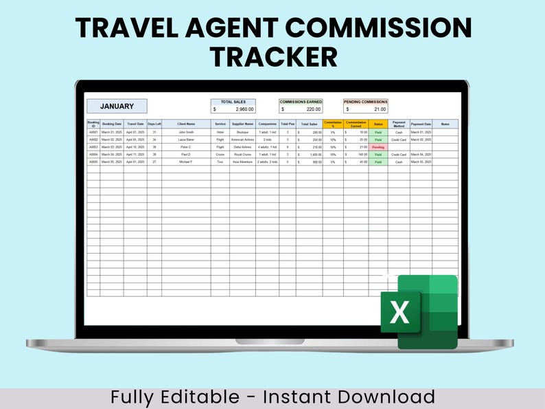 May include: A laptop computer screen displaying a spreadsheet titled "Travel Agent Commission Tracker". The spreadsheet is divided into columns with headings such as "Booking Date", "Client Name", "Supplier Name", "Total Sales", "Commissions Earned", and "Pending Commissions". The spreadsheet is filled with data and has a green "X" icon in the bottom right corner.