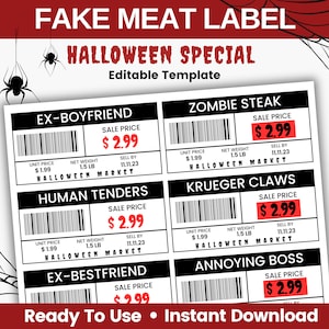 Editable Printable Fake Meat Labels Halloween Prank Funny 