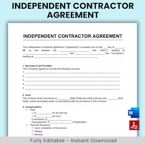 Independent Contractor Agreement, Editable Independent Services Agreement, Business Contract, Contract template, Service Contract