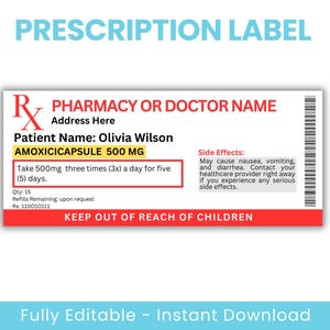 Modello di etichetta per prescrizione medica, etichetta per medicinali modificabile, etichetta per flacone di pillole, etichetta per flacone di prescrizione, Canva