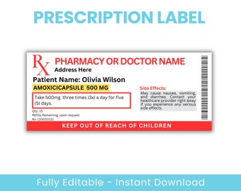 Prescription Label Template, Editable Medicine Label, Pill Bottle Label, Prescription Bottle Label, Canva