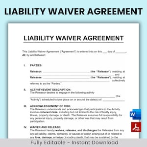 Liability Waiver Agreement, Liability Form, General Release Liability Agreement, Esthetician Liability Form, General Liability Waiver