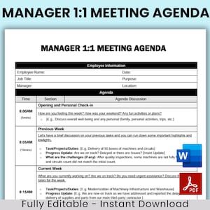 Puede incluir: Una plantilla de agenda de reunión 1:1 de gerente imprimible en blanco y negro. La agenda incluye secciones para la apertura y el control personal, la semana anterior y la semana actual. La plantilla es totalmente editable y se puede descargar instantáneamente.
