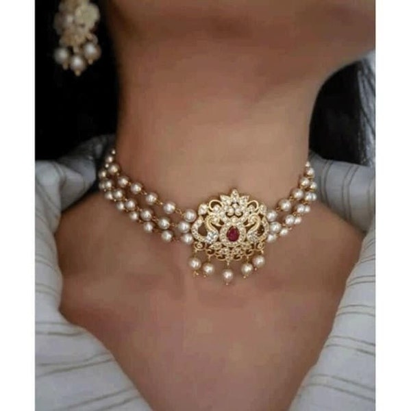 Sabyasachi Inspired Gold Finish Choker Set with Pearls and American Diamond Stones - Green kundan necklace gold jewelry rajputi jewelry