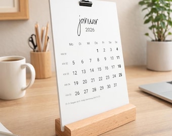 Tischkalender 2026 mit Holzsockel | DIN A6 Monatsüb. mit Feiertagen und KW | 12 Monatskarten Tischkalender Schreibtisch Terminkalender