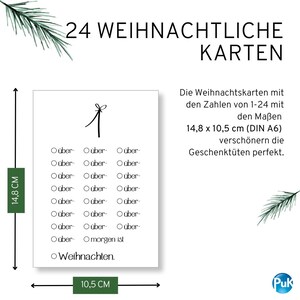 K&ouml;nnte beinhalten: Eine wei&szlig;e Karte mit dem Text "24 WEIHNACHTLICHE KARTEN" und einer Wortliste. Die Karte misst 14,8 cm x 10,5 cm. Der Text auf der Karte lautet "Die Weihnachtskarten mit den Zahlen von 1-24".