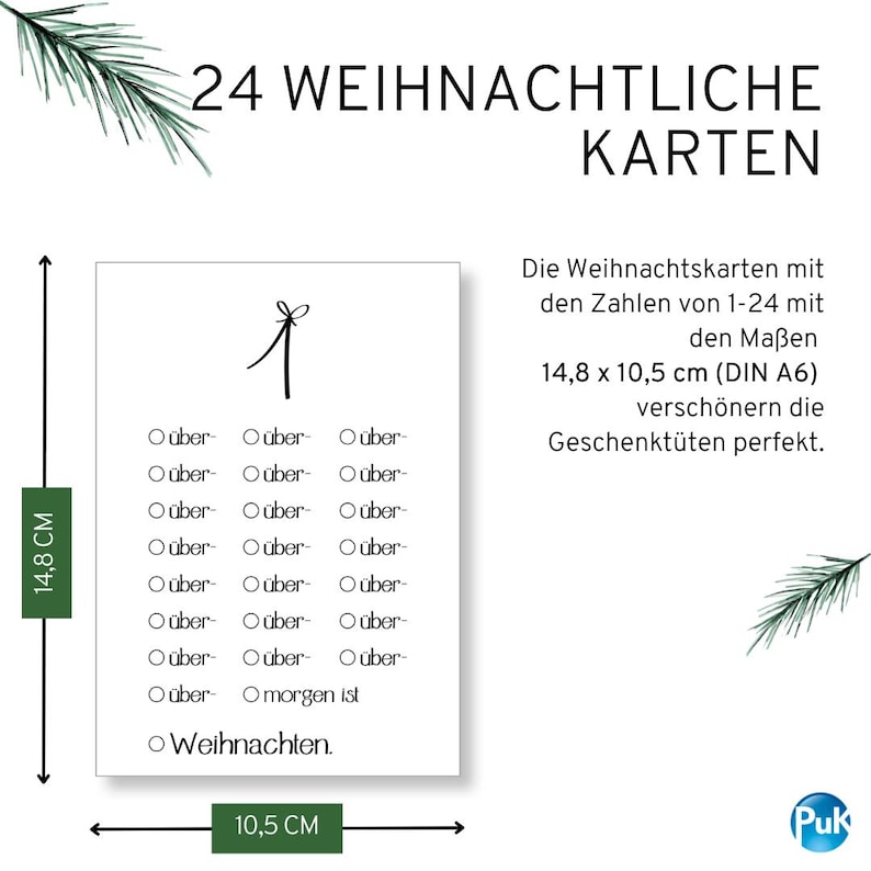 K&ouml;nnte beinhalten: Eine wei&szlig;e Karte mit dem Text "24 WEIHNACHTLICHE KARTEN" und einer Wortliste. Die Karte misst 14,8 cm x 10,5 cm. Der Text auf der Karte lautet "Die Weihnachtskarten mit den Zahlen von 1-24".