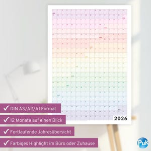 May include: A 2026 wall calendar with a rainbow gradient background. The calendar grid is divided into squares for each day, with the months labeled. The text "2026" is in the bottom right corner. The calendar is labeled "DIN A3/A2/A1 Format".