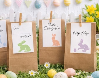 Oster-Tüten Set | 6 Kraftpapier Tüten mit Klammern + Osterkarten | Geschenktüten für Ostern & kleine Überraschungen | Pastell