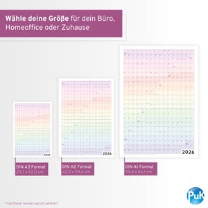May include: Three colorful 2026 wall calendars in different sizes. The smallest is labeled DIN A3 Format, measuring 11.7 x 16.5 inches. The medium calendar is DIN A2 Format, measuring 16.5 x 23.4 inches. The largest is DIN A1 Format, measuring 23.4 x 33.1 inches.