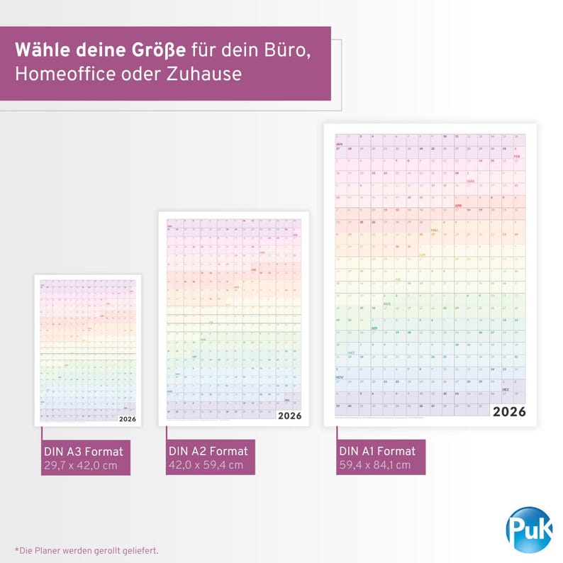 May include: Three colorful 2026 wall calendars in different sizes. The smallest is labeled DIN A3 Format, measuring 11.7 x 16.5 inches. The medium calendar is DIN A2 Format, measuring 16.5 x 23.4 inches. The largest is DIN A1 Format, measuring 23.4 x 33.1 inches.