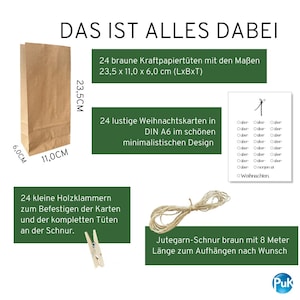 K&ouml;nnte beinhalten: Eine Kraftpapiert&uuml;te mit den Ma&szlig;en 23,5 x 11,0 x 6,0 cm, zusammen mit 24 Weihnachtskarten, Holzklammern und Bindfaden. Der Text auf dem Bild lautet "DAS IST ALLES DABEI".