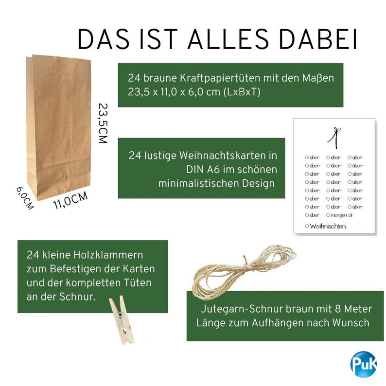 K&ouml;nnte beinhalten: Eine Kraftpapiert&uuml;te mit den Ma&szlig;en 23,5 x 11,0 x 6,0 cm, zusammen mit 24 Weihnachtskarten, Holzklammern und Bindfaden. Der Text auf dem Bild lautet "DAS IST ALLES DABEI".