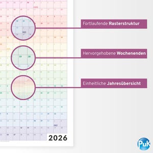 May include: A 2026 wall calendar with a colorful, pastel design. The calendar features highlighted weekends and a continuous grid structure. The brand logo "Puk" is visible in the bottom right corner.