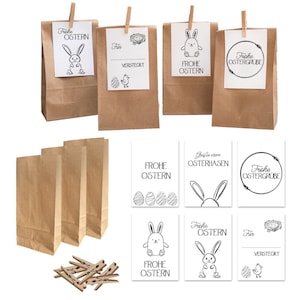 Oster-Tüten Set | 6 Kraftpapier Tüten mit Klammern + Osterkarten | Geschenktüten für Ostern & kleine Überraschungen | Schwarz-Weiß