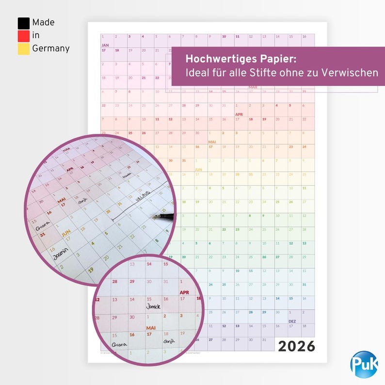 May include: A 2026 yearly calendar with a colorful gradient background. The calendar has a grid layout with dates and months. The text "Hochwertiges Papier: Ideal f&uuml;r alle Stifte ohne zu Verwischen" is visible. The calendar is made in Germany.