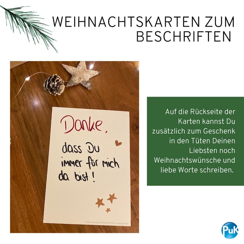 K&ouml;nnte beinhalten: Eine handgeschriebene Karte mit dem Wort "Danke" in roter Schrift, zusammen mit einer Nachricht auf Deutsch. Die Karte ist mit kleinen Herz- und Sternillustrationen verziert. Das Bild enth&auml;lt auch Text auf Deutsch und eine gr&uuml;ne Box mit Text.